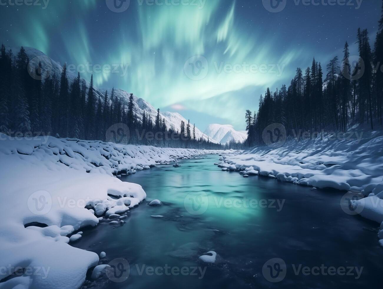 Nothern lights winter landscape. New Year concept photo