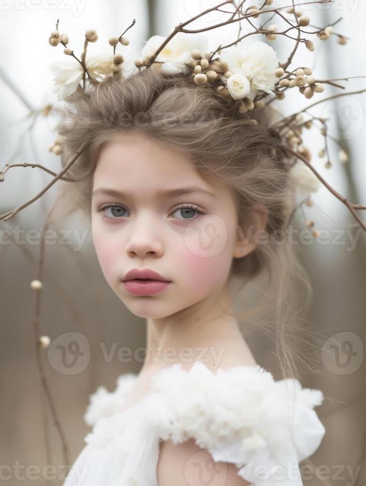 Ethereal young girl with natural headpiece in soft portrait photo