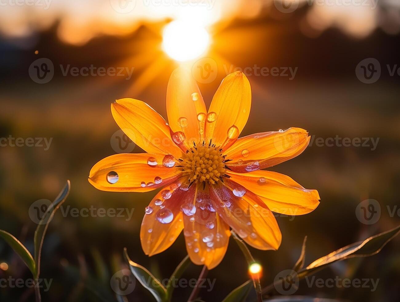 Dew-kissed orange flower basking in the glow of a summer sunset photo