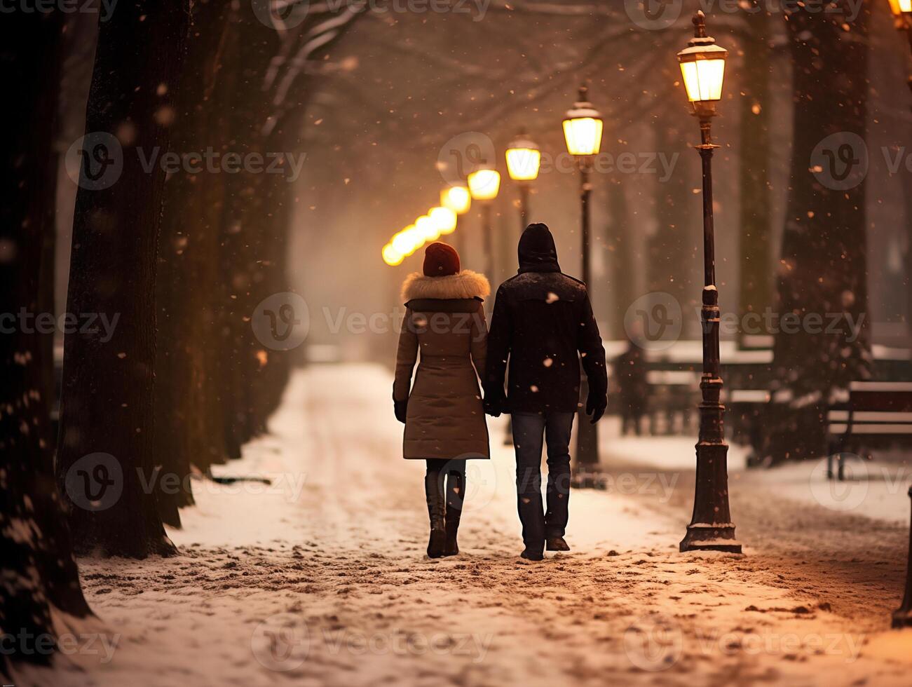 A couple walks down the street in winter evening, view from the back photo