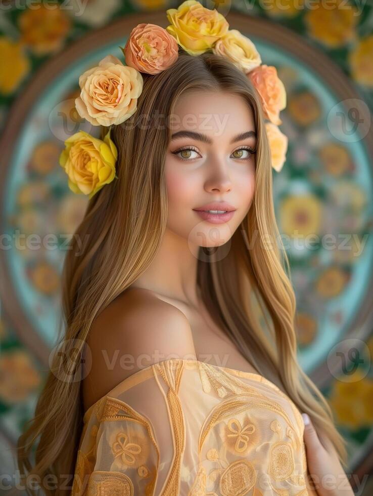Radiant girl with yellow rose headpiece before a floral patterned backdrop photo