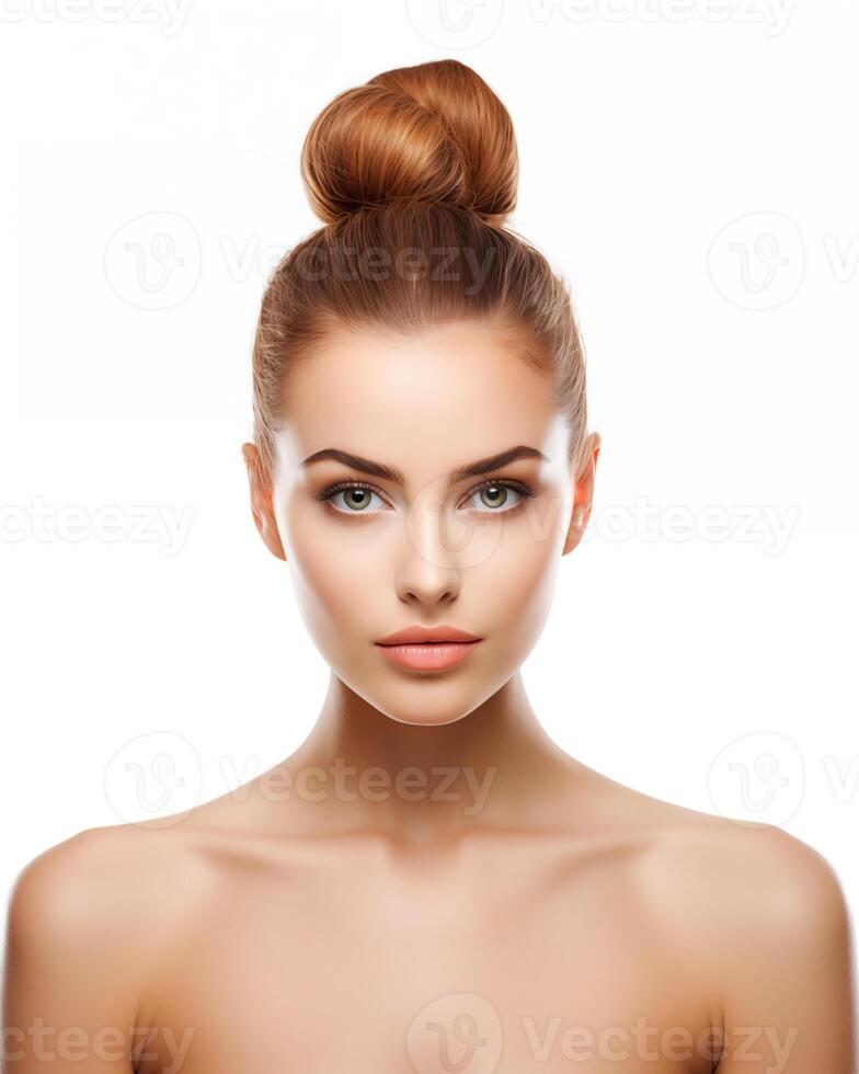 Portfolio shot emphasizing woman's high bun and flawless facial features photo