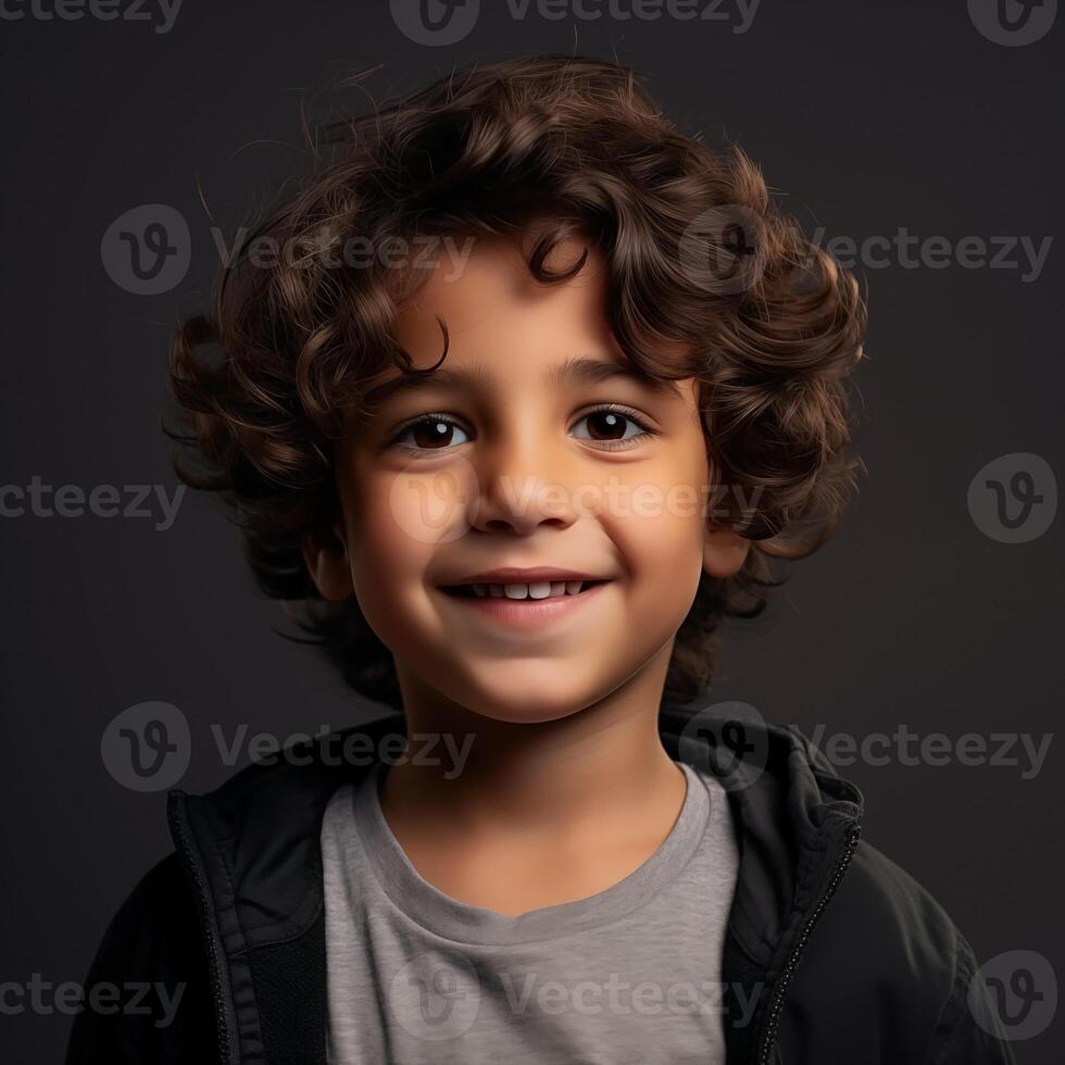 Brown-eyed curly boy looking at the camera and smiling against a neutral background photo