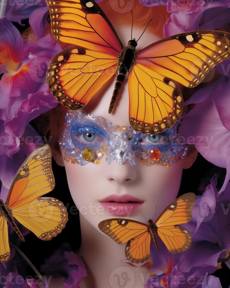 Vivid forest fairy portrait featuring monarch butterflies and a mask of celestial hues photo