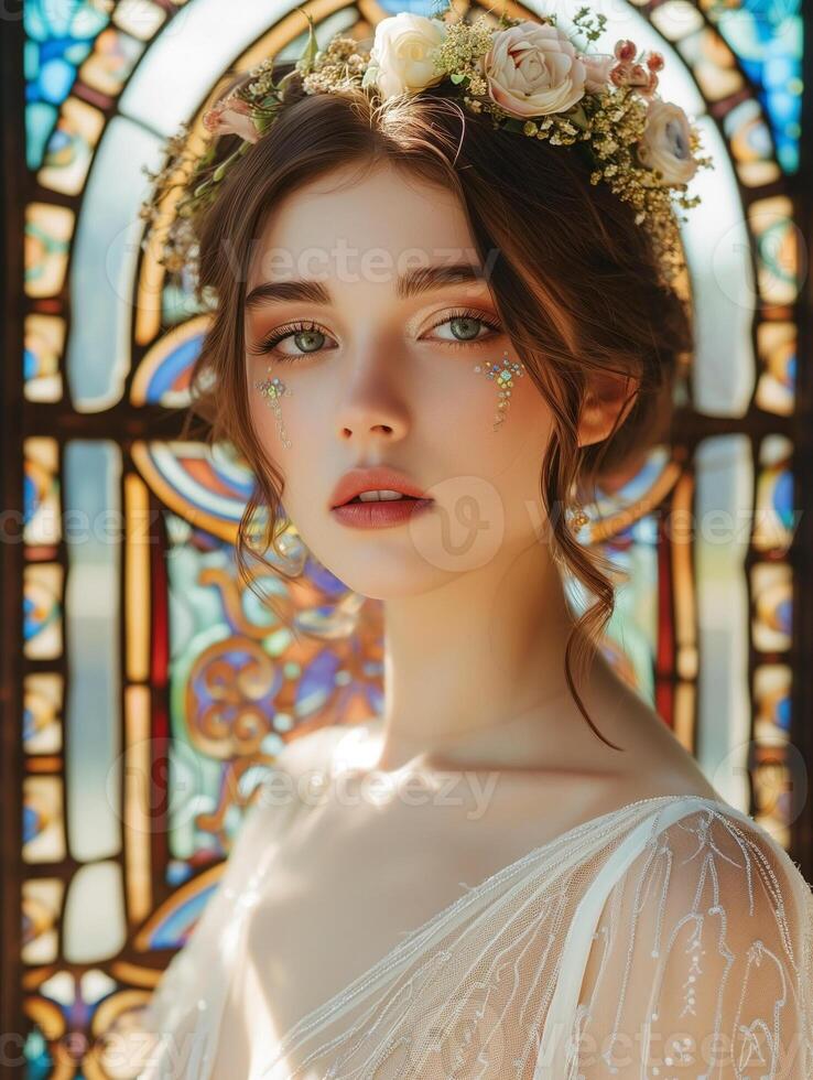 Ethereal woman with floral adornments before stained glass window photo
