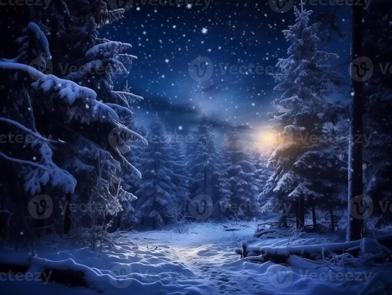 Fairytale night forest covered with snow in the moonlight. Winter landscape. New Year concept photo