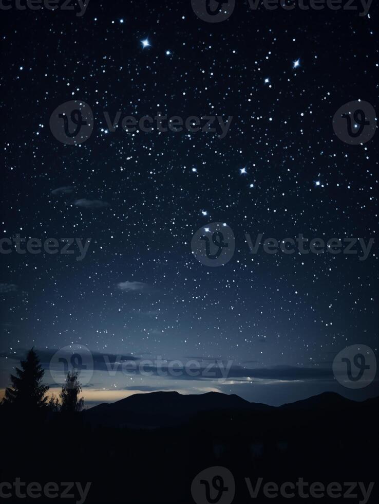 Starlit sky over mountain silhouette background, tranquil night vista photo