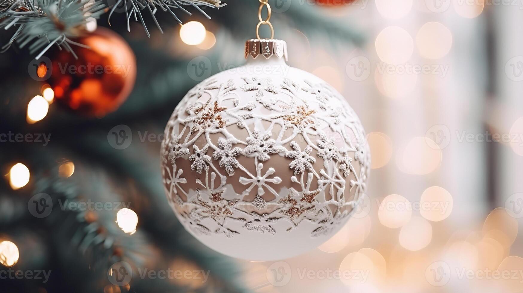 Christmas decorations close-up against the background of a Christmas tree photo