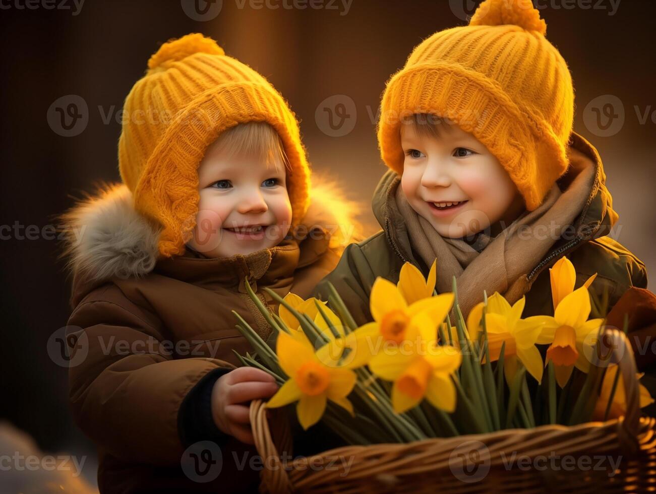 pequeño hermano y hermana sonriente y participación un cesta de prímulas de cerca. primavera concepto foto