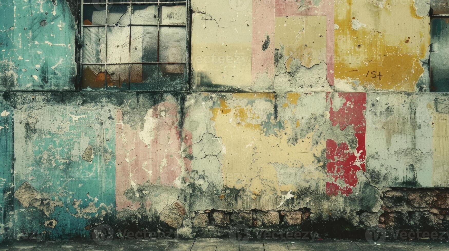 Colorful stains under crumbling gray paint on shabby wall of grungy building on street photo