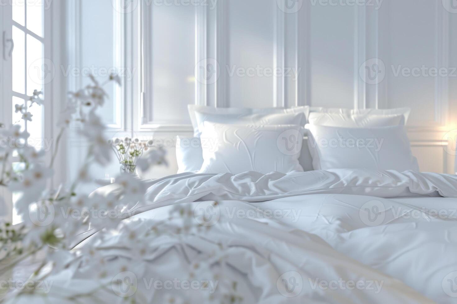 Elegant white bed with soft duvet pillows in clean room. photo