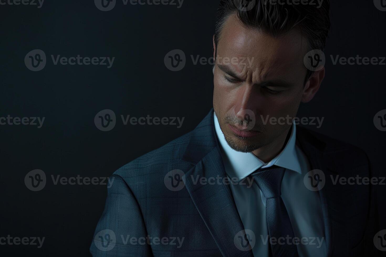 Attractive business man looking down to his side on dark studio background. photo