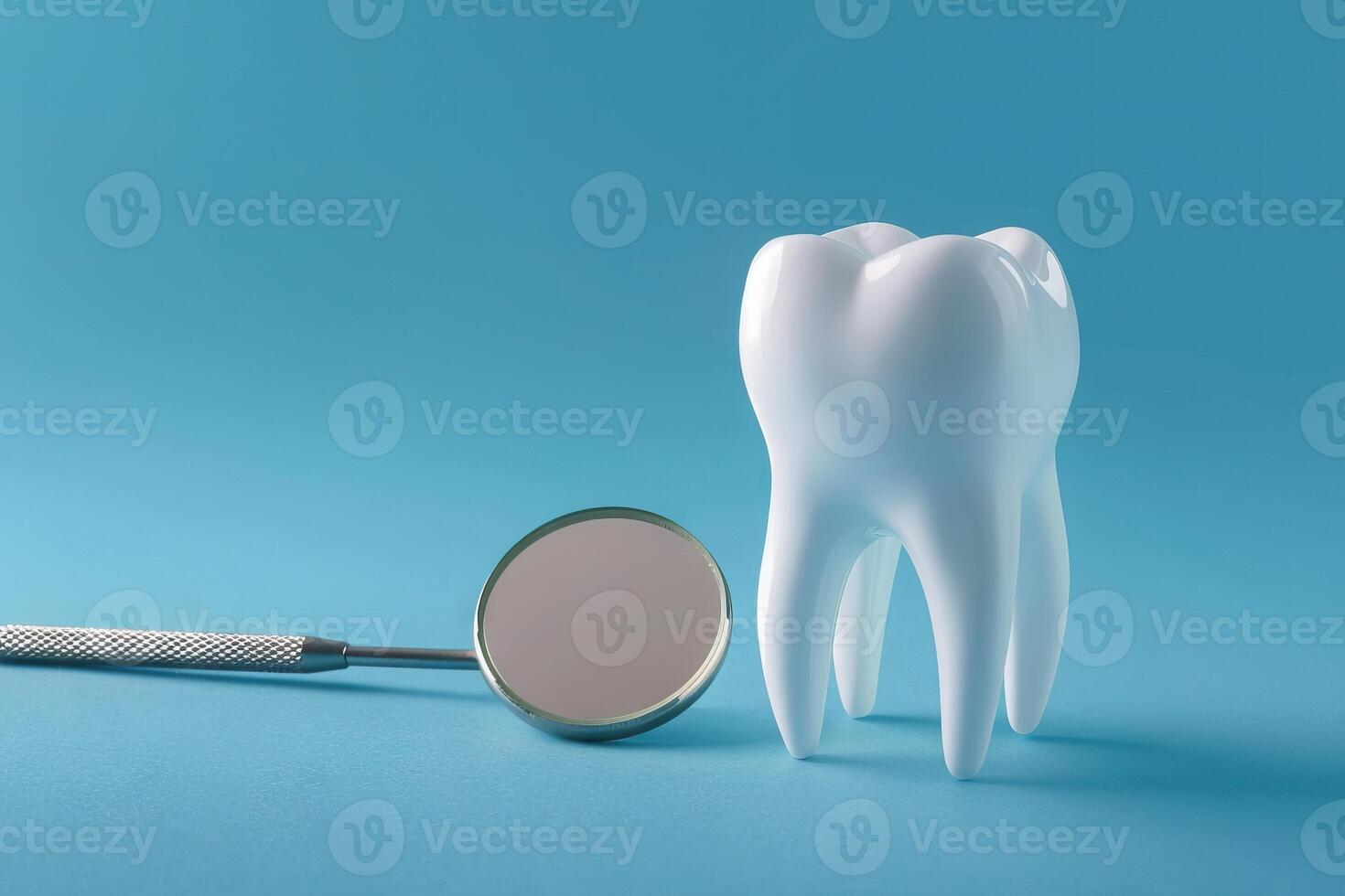 Dental care concept with white teeth model and mirror. photo