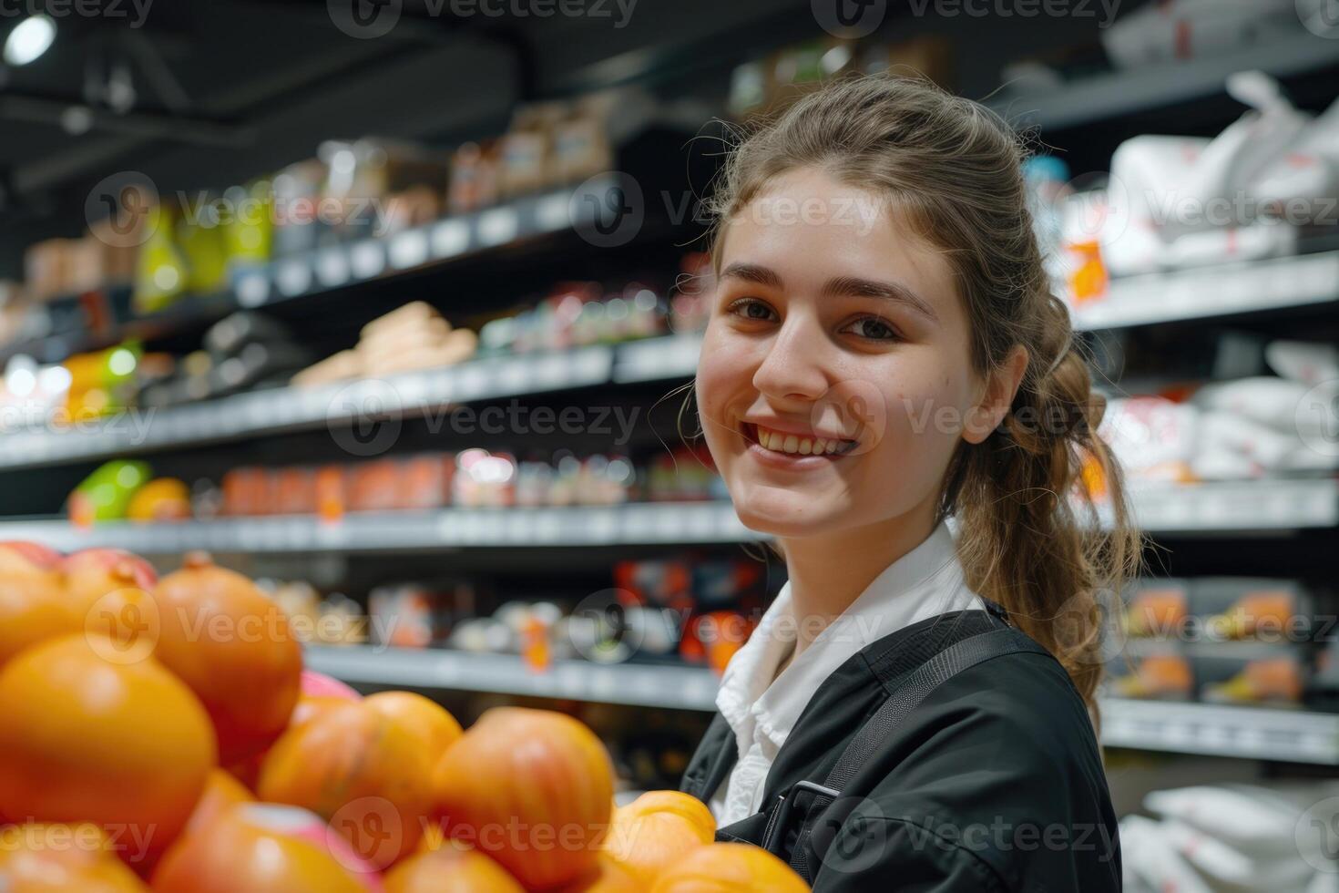 Female trainee in a supermarket. Woman working in a grocery store smiling at camera. photo