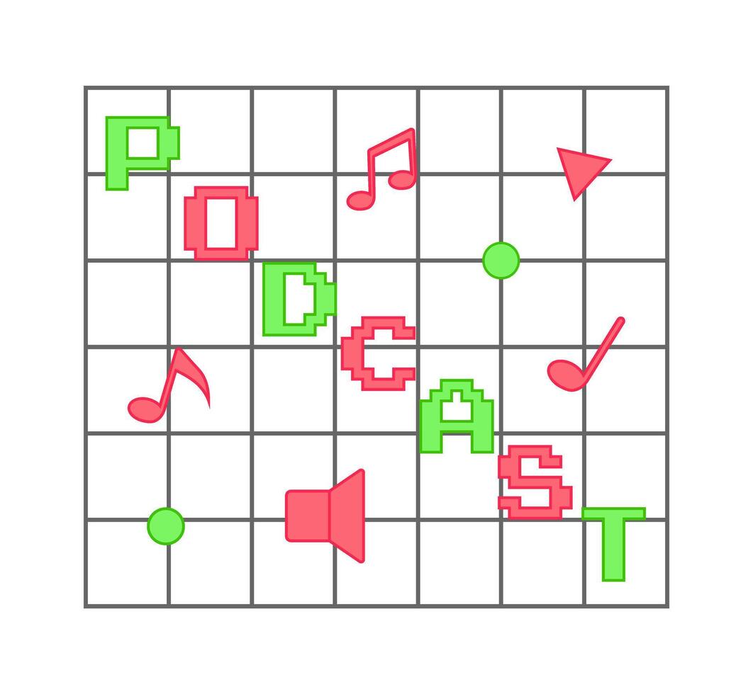 el palabra podcast situado en el red. estado animico tablero con letras y otro elementos adjunto. ilustración vector