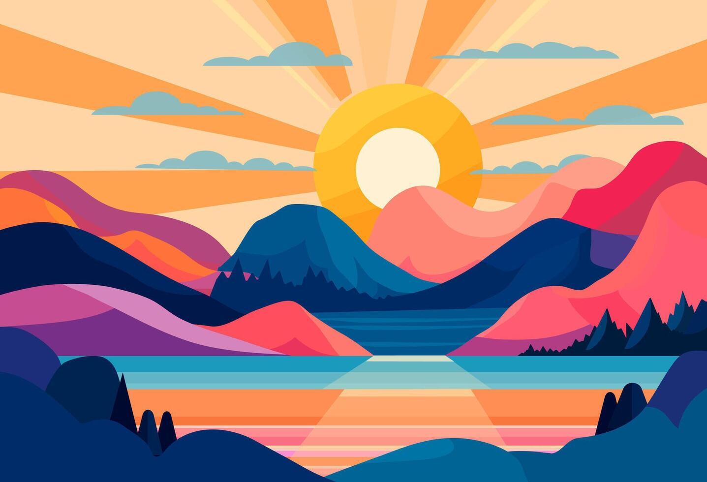 Stylized beautiful mountain landscape with a big sun in the sky vector