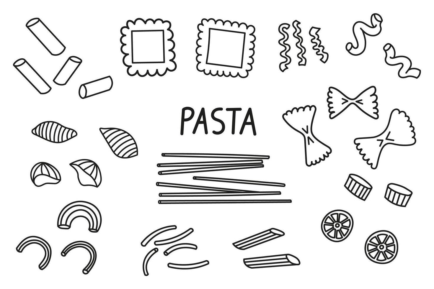 Pasta doodle set line art. Sketch illustration on isolated background. Spaghetti, Penne, fusilli, rigatoni, farfalle, tagliatelle, fettuccine, cavatappi, conchiglie shells, wheat, Italian food vector