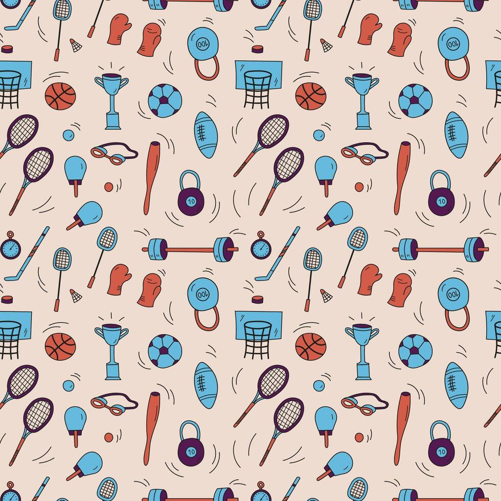 Seamless background with sport equipment. Hand drawn repeating pattern with baseball, racket, badminton, football, gymnastics, tennis, football, different type Olympic game Cartoon illustration vector