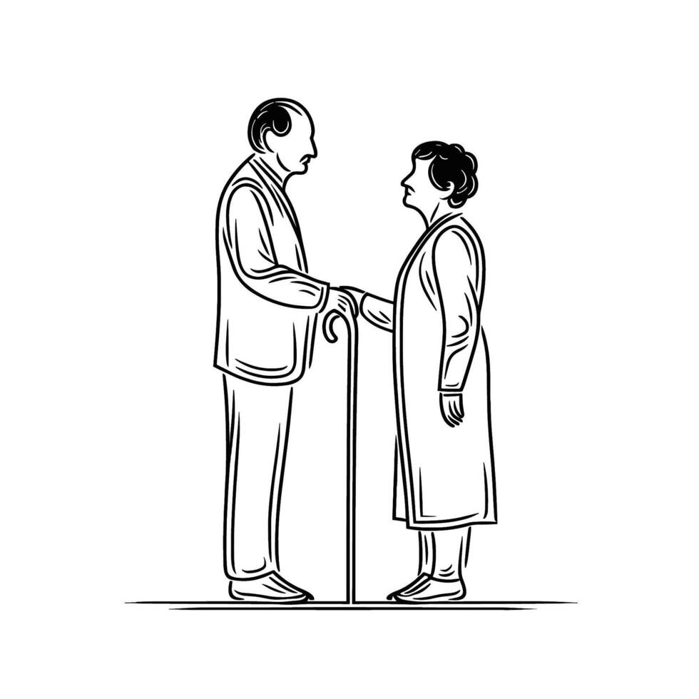 Elderly Men and Women Hold Their Hands Front View Engraved Style vector