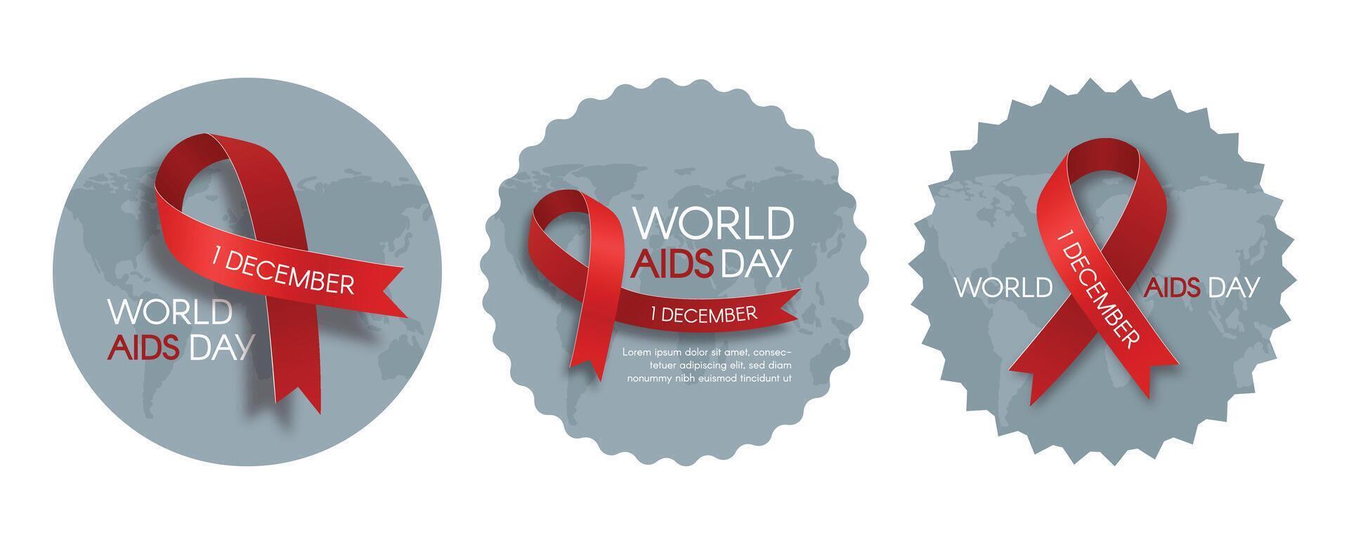 A set of stickers for World AIDS Day with a red ribbon. Print template design. A flat illustration. vector