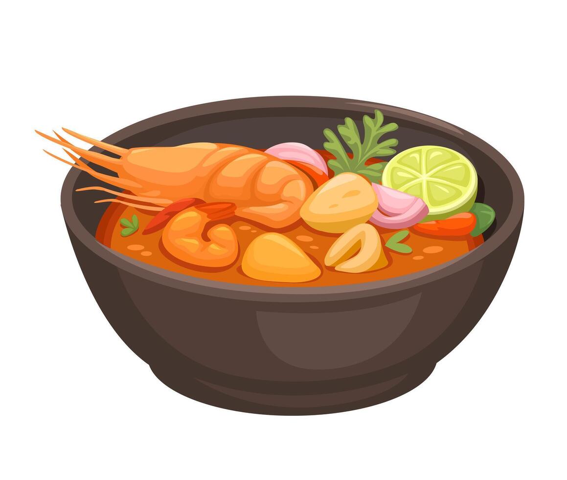 Tom Yum Soup Thailand Traditional Food Cartoon Illustration vector