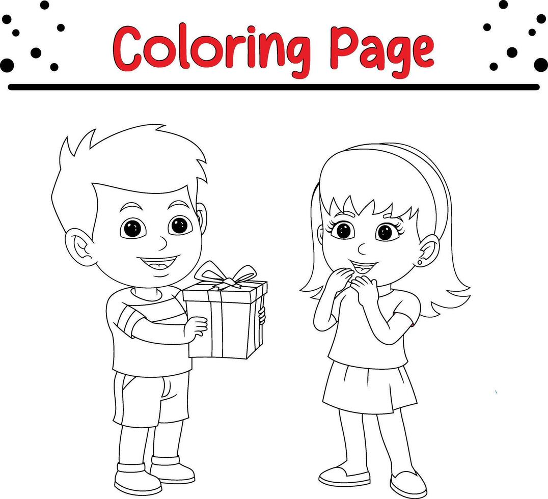 pequeño chico dando regalo linda niña colorante libro página para niños vector