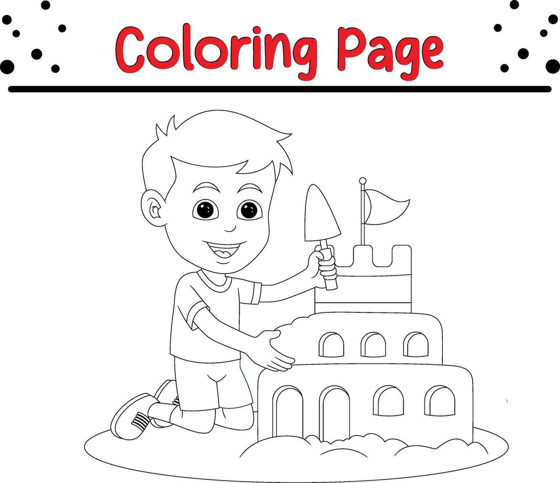 happy little boy making sand castle coloring book page for kids