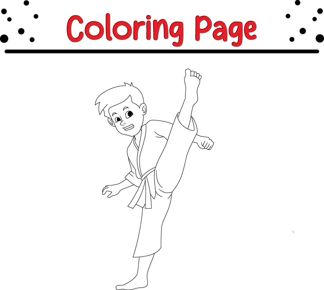 karate boy kick pose coloring book page for kids vector