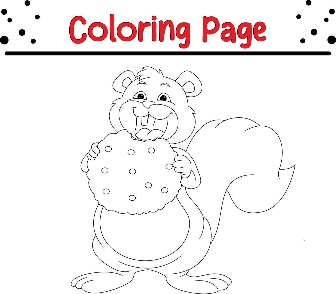 cute squirrel eating cookies coloring book page for kids vector