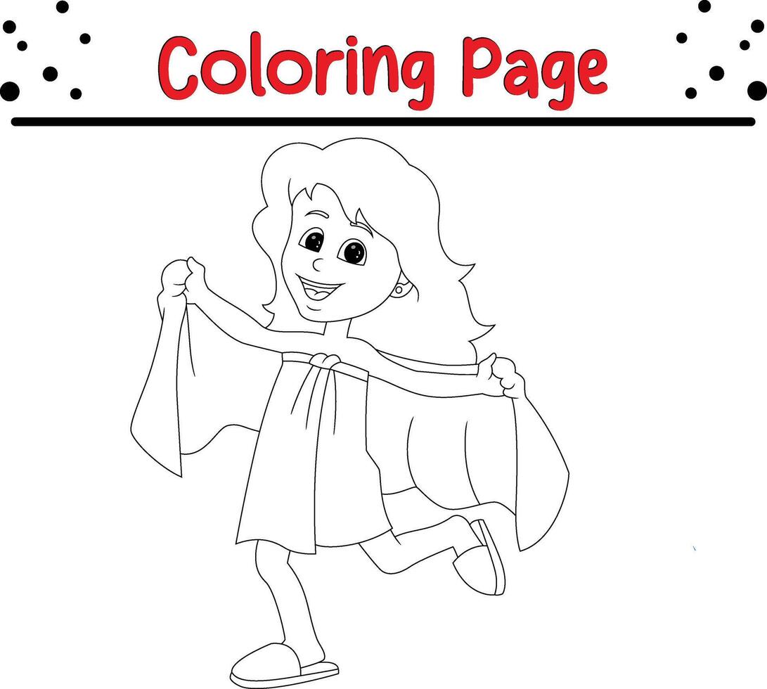 little girl wearing towel after shower coloring book page for kids vector