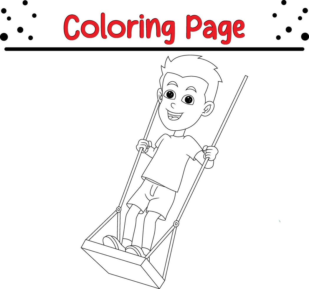 contento pequeño chico jugando columpio en pie arriba colorante libro página para niños vector