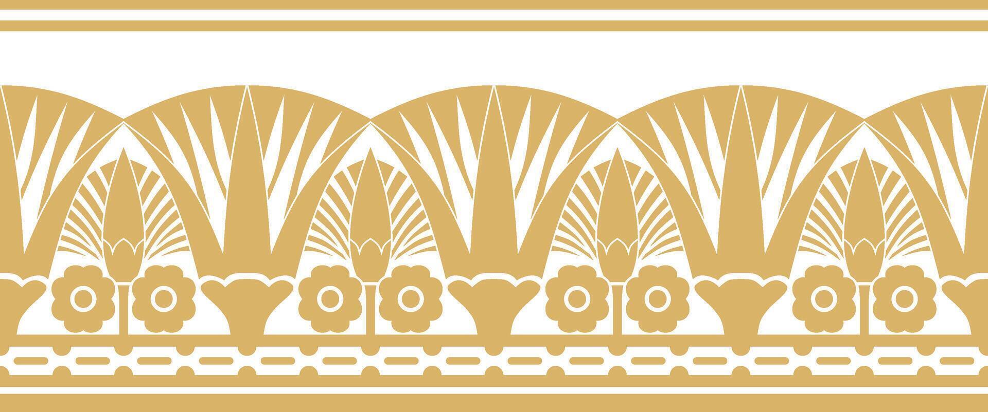 golden seamless Egyptian border. Endless ornament of Ancient Africa. Pattern of lotus flowers and sun. vector