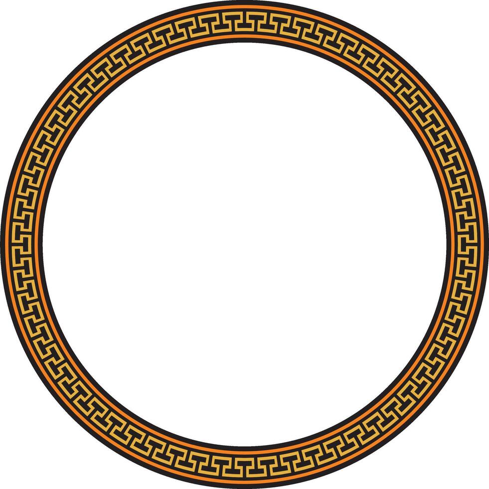 orange and black round frame, border, classic Greek meander ornament. Patterned circle, ring of Ancient Greece and the Roman Empire. vector