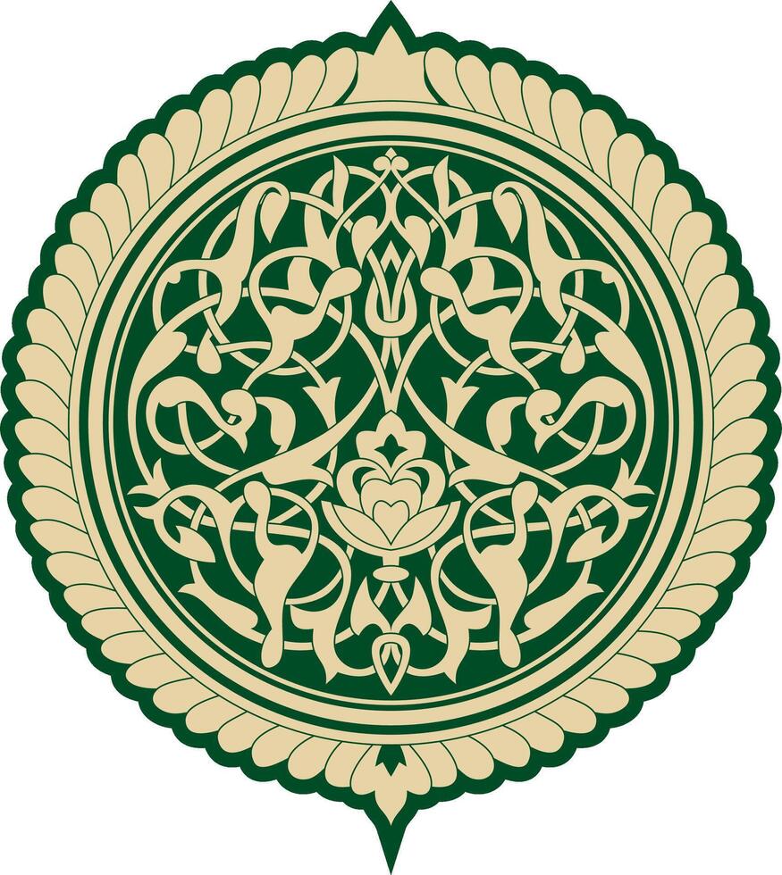 golden round Arabic ornament. Muslim green patterned medallion. vector
