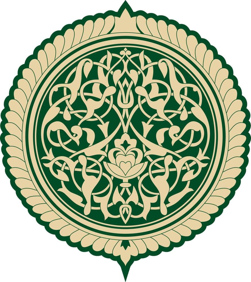 golden round Arabic ornament. Muslim green patterned medallion. vector