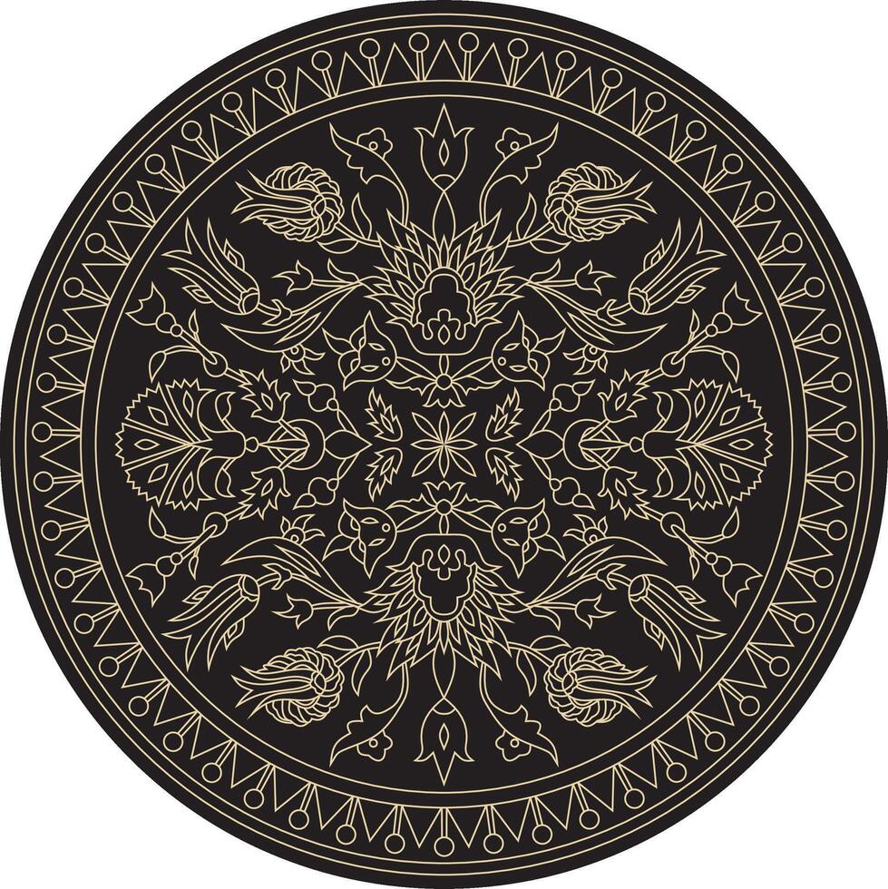 linear contour black and gold round Turkish ornament. Ottoman circle, ring, frame. Muslim pattern for stained glass vector