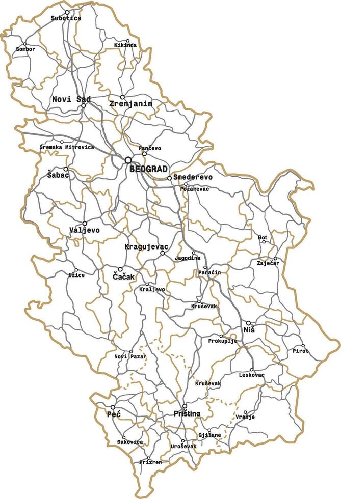 white administrative map of Serbia. The territory of a European state with large cities, borders of regions vector
