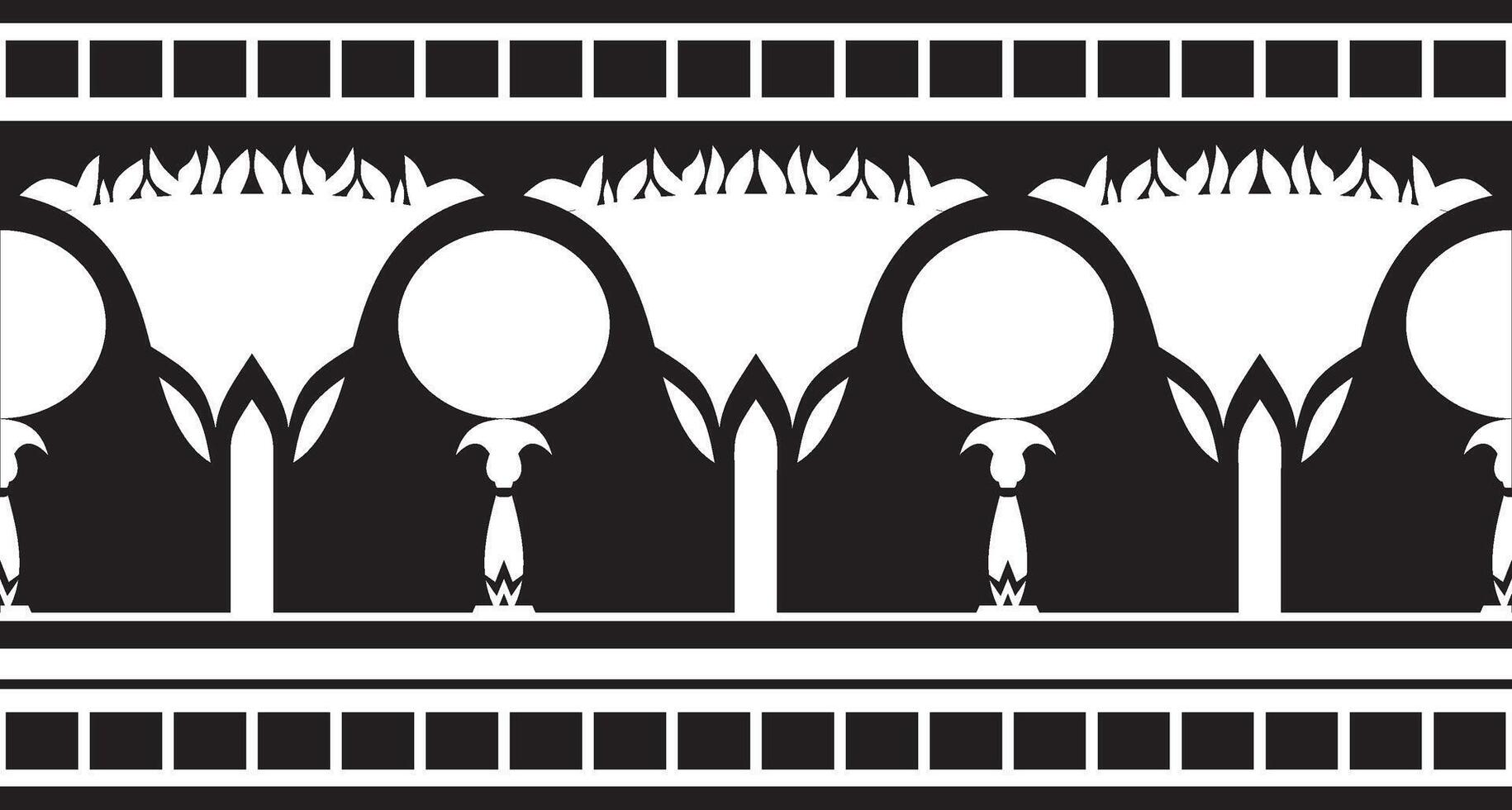 monochrome seamless Egyptian border. Endless ornament of Ancient Africa. Pattern of lotus flowers and sun. vector