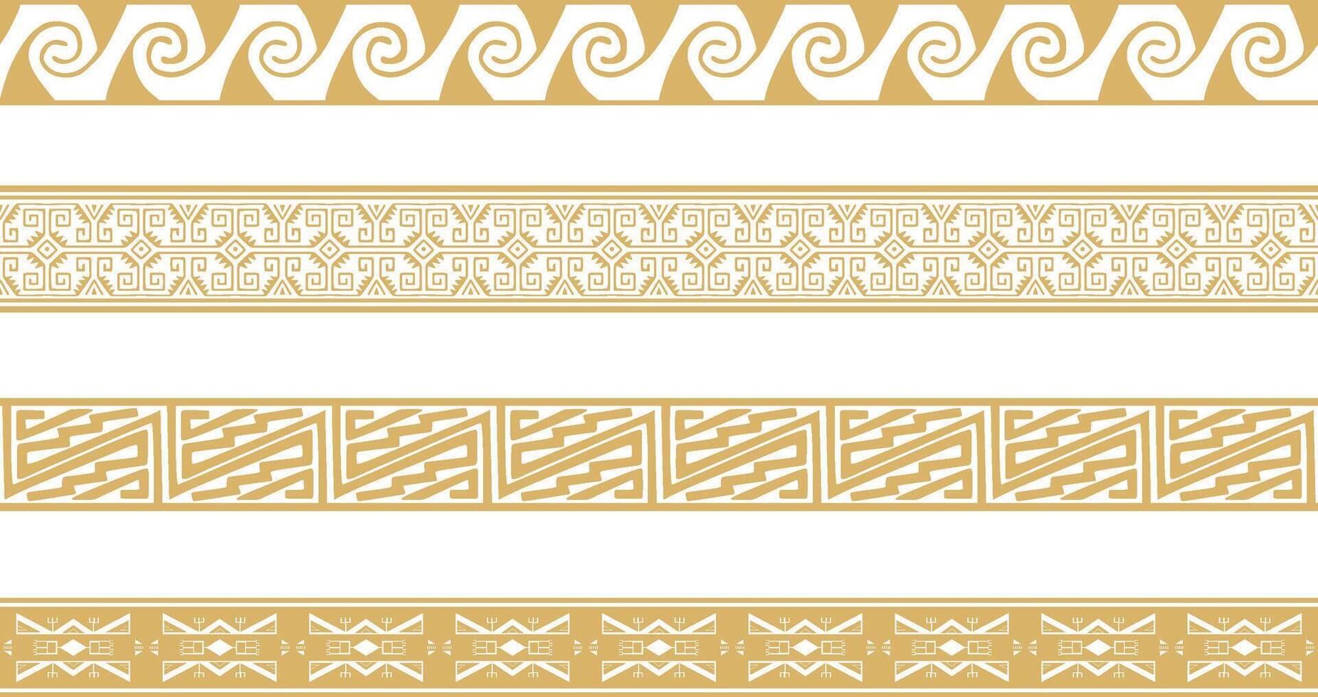 set of seamless golden border ornament. Native American tribes framework. Endless patterns ethnic aztec, maya. vector