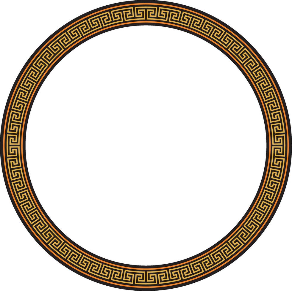 orange and black round frame, border, classic Greek meander ornament. Patterned circle, ring of Ancient Greece and the Roman Empire. vector