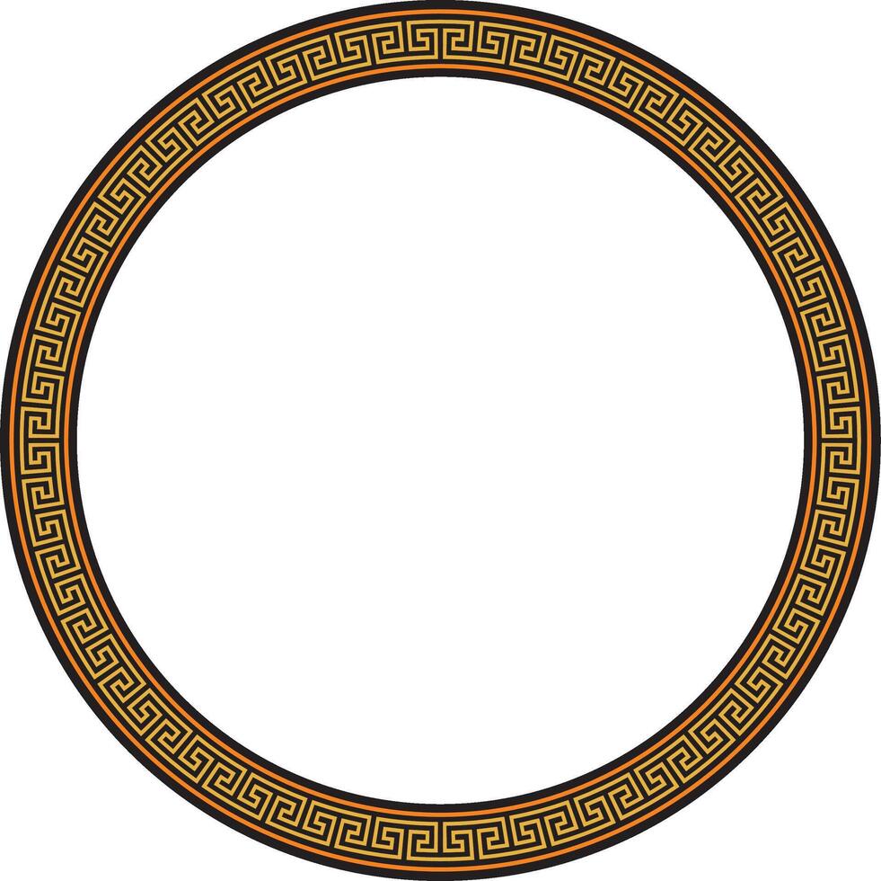 orange and black round frame, border, classic Greek meander ornament. Patterned circle, ring of Ancient Greece and the Roman Empire. vector