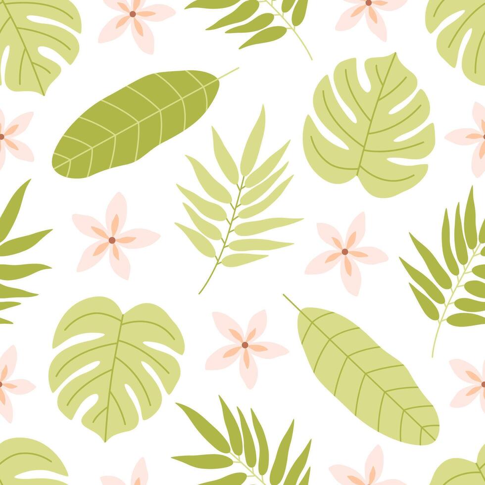 Seamless pattern with tropical leaves and flowers. Summertime, tropical place vector