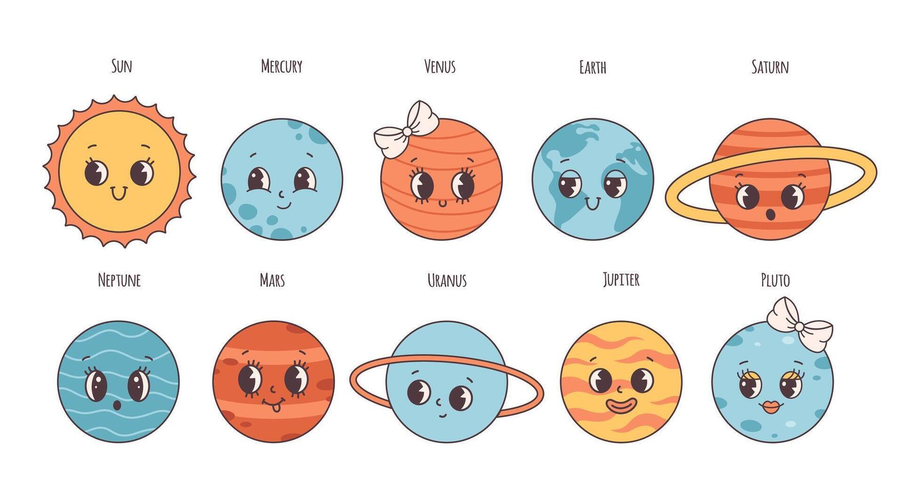 Trendy cartoon groovy planet characters in retro style 60s and 70s. Space, Solar System vector