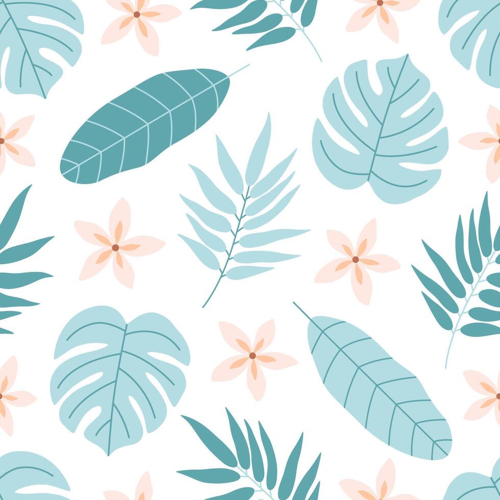 Seamless pattern with tropical leaves and flowers. Summertime, tropical place vector