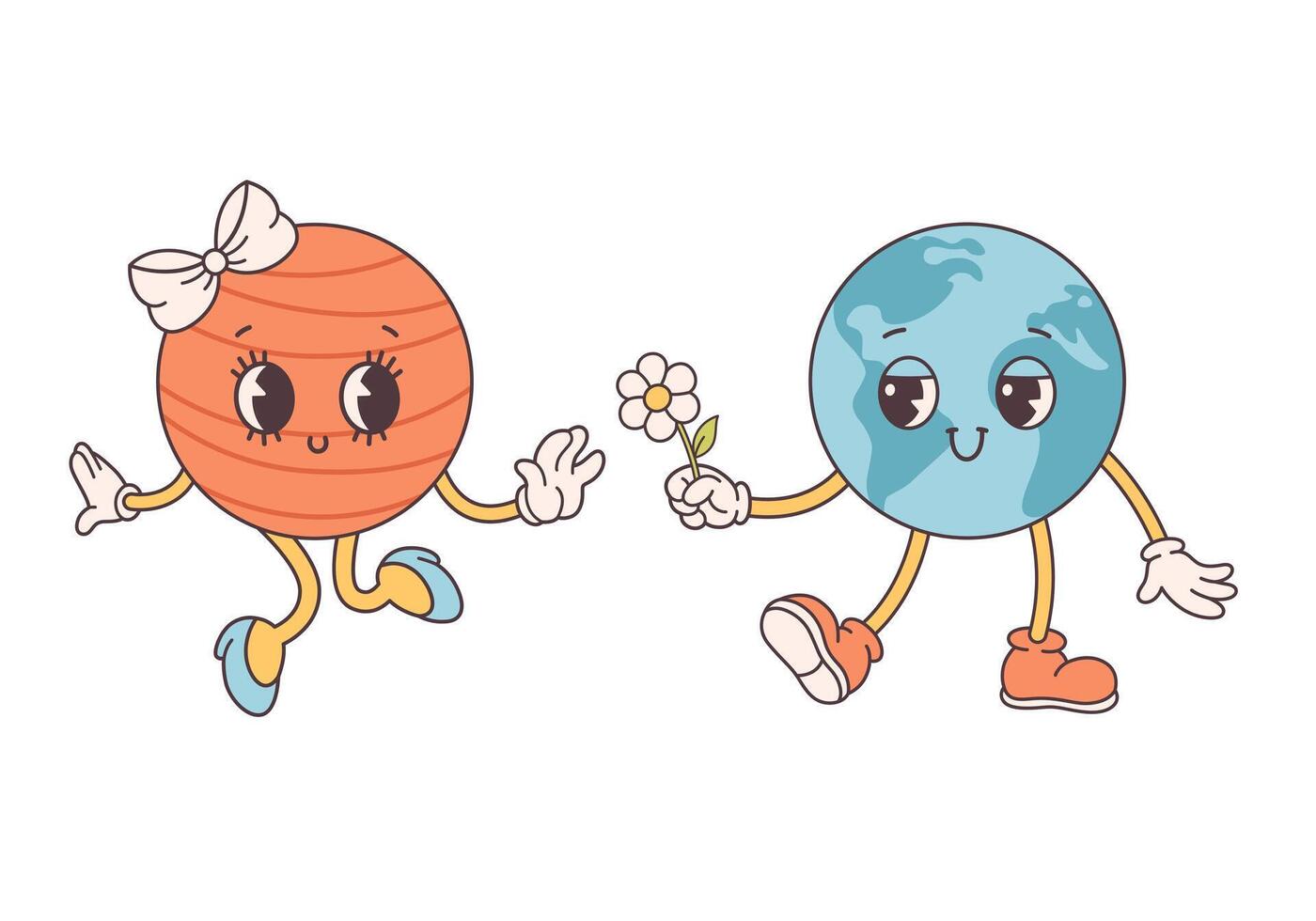 Trendy cartoon groovy planet characters in retro style 60s and 70s. Earth Day, Save planet vector