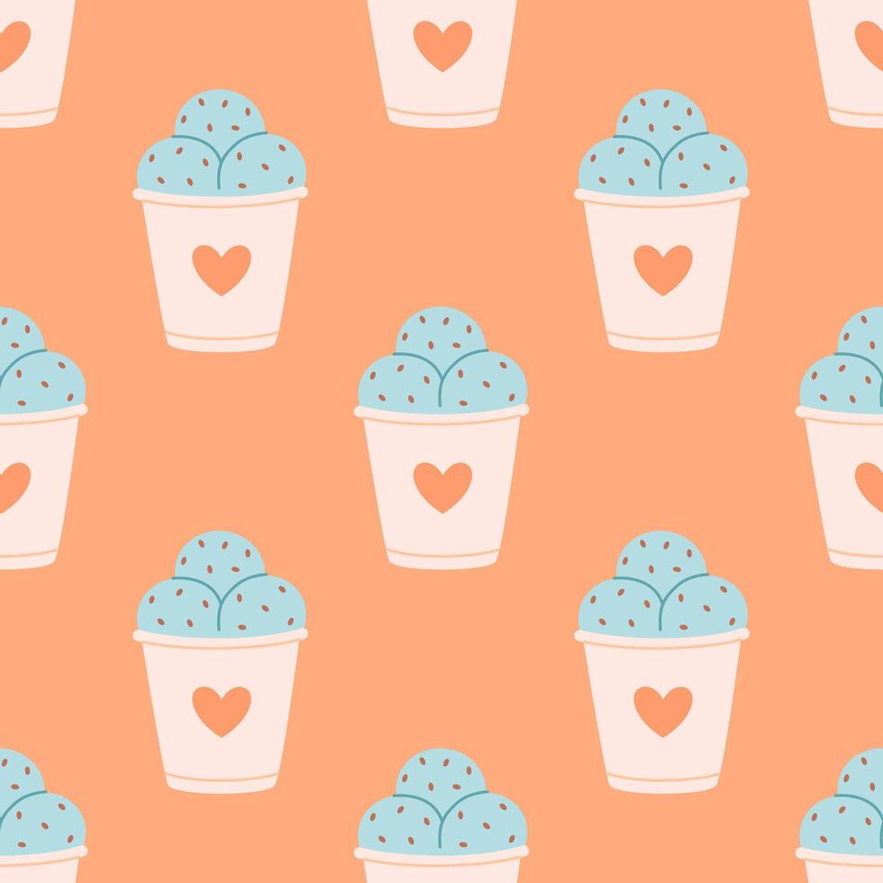Seamless pattern with cute ice cream in paper cup. Summer dessert, summer time. Seamless pattern for wallpaper, textile, fabric, wrapping paper vector