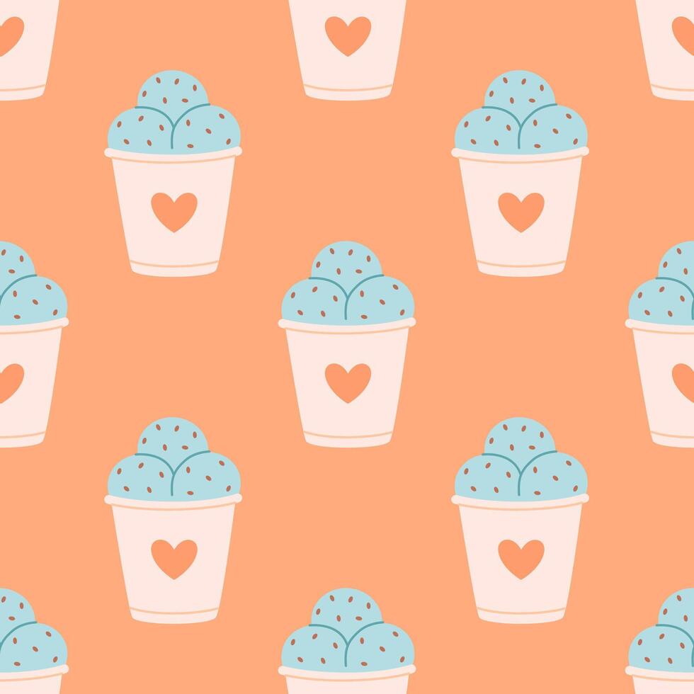 Seamless pattern with cute ice cream in paper cup. Summer dessert, summer time. Seamless pattern for wallpaper, textile, fabric, wrapping paper vector