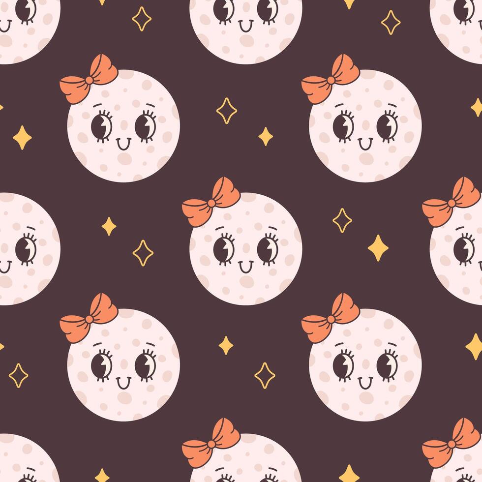 Seamless pattern with Moon, space and star. Trendy groovy cartoon character vector