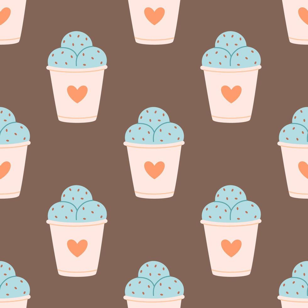 Seamless pattern with cute ice cream in paper cup. Summer dessert, summer time. Seamless pattern for wallpaper, textile, fabric, wrapping paper vector