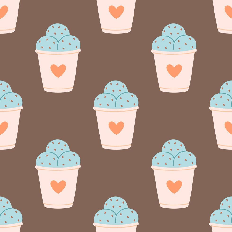 Seamless pattern with cute ice cream in paper cup. Summer dessert, summer time. Seamless pattern for wallpaper, textile, fabric, wrapping paper vector